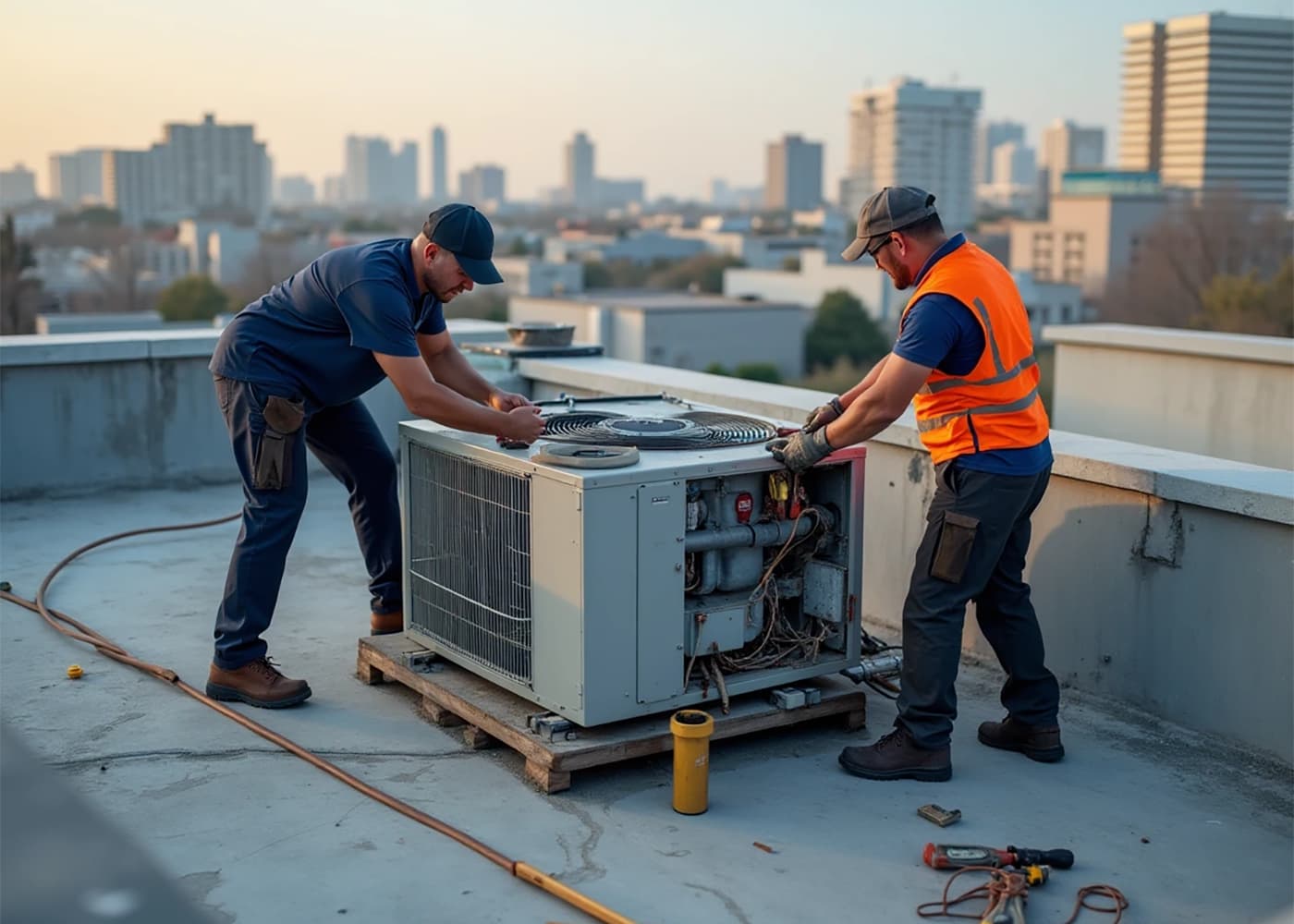 Team working on rooftop HVAC